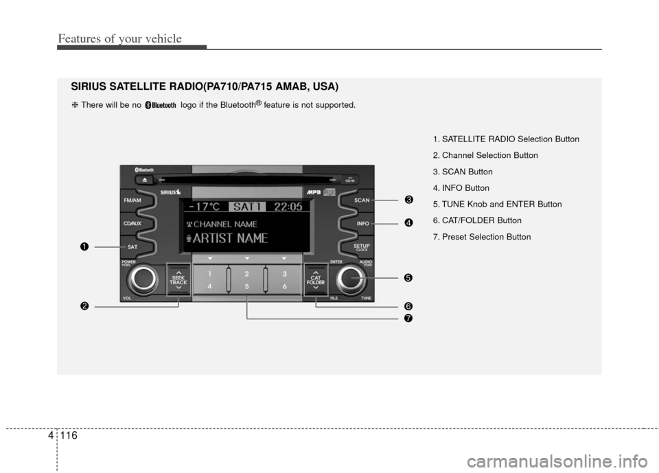 KIA Soul 2011 1.G Owners Manual Features of your vehicle
116
4
1. SATELLITE RADIO Selection Button          
2. Channel Selection Button 
3. SCAN Button    
4. INFO Button 
5. TUNE Knob and ENTER Button      
6. CAT/FOLDER Button   
