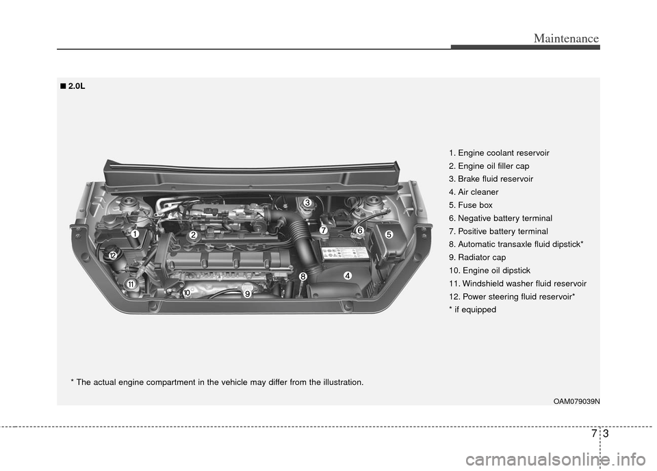 KIA Soul 2011 1.G Owners Manual 73
Maintenance
OAM079039N
1. Engine coolant reservoir
2. Engine oil filler cap
3. Brake fluid reservoir
4. Air cleaner
5. Fuse box
6. Negative battery terminal
7. Positive battery terminal
8. Automati