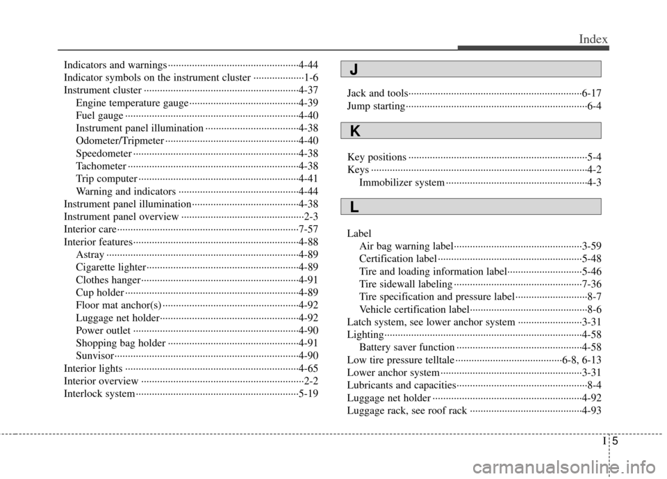 KIA Soul 2011 1.G Owners Manual I5
Index
Indicators and warnings ··················\
··················\
·············4-44
Indicator symbols on the instrument cluster ········