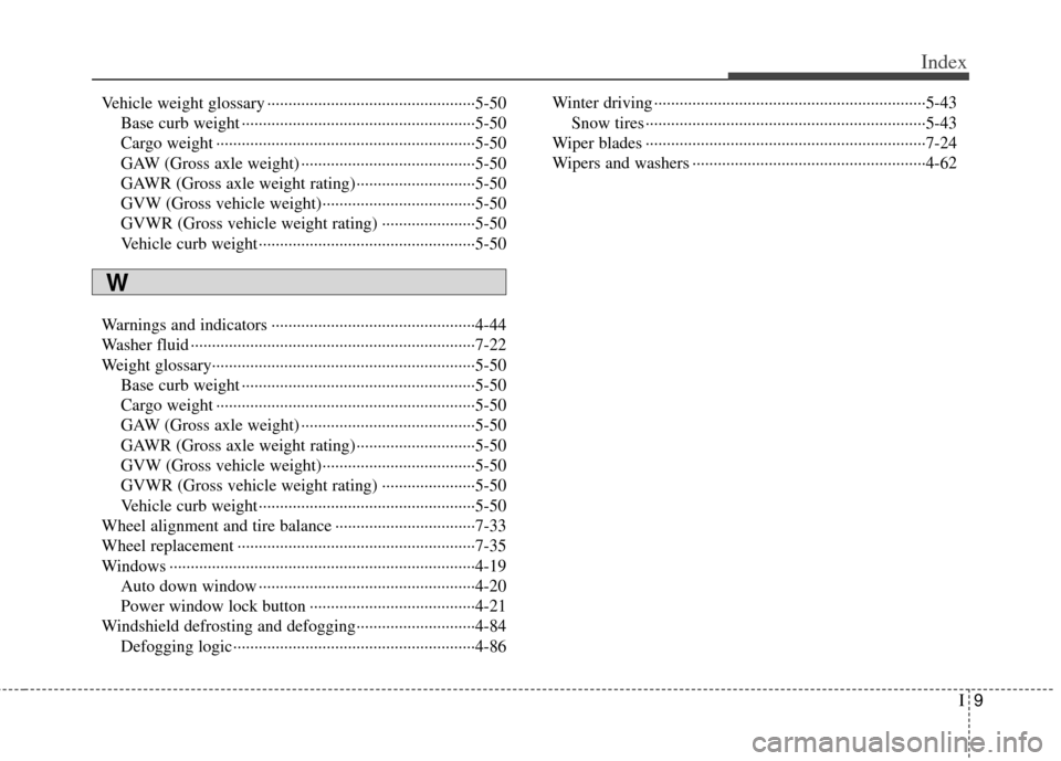 KIA Soul 2011 1.G Owners Manual I9
Index
Vehicle weight glossary ··················\
··················\
·············5-50Base curb weight ··················\
···