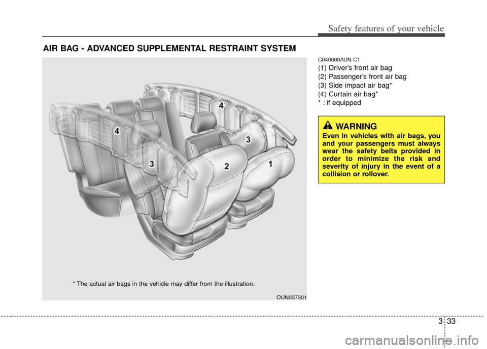 KIA Soul 2011 1.G Service Manual 333
Safety features of your vehicle
C040000AUN-C1
(1) Driver’s front air bag
(2) Passenger’s front air bag
(3) Side impact air bag*
(4) Curtain air bag*
* : if equipped
AIR BAG - ADVANCED SUPPLEME