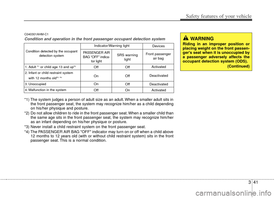 KIA Soul 2011 1.G Owners Manual 341
Safety features of your vehicle
WARNING
Riding in an improper position or
placing weight on the front passen-
gers seat when it is unoccupied by
a passenger adversely affects the
occupant detecti