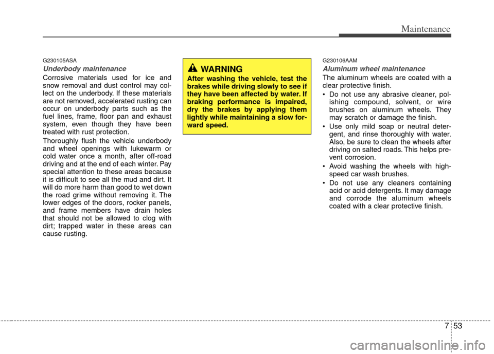 KIA Sportage 2011 SL / 3.G Owners Manual 753
Maintenance
G230105ASA
Underbody maintenance
Corrosive materials used for ice and
snow removal and dust control may col-
lect on the underbody. If these materials
are not removed, accelerated rust