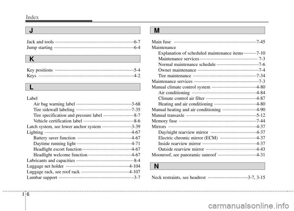 KIA Sportage 2011 SL / 3.G Owners Manual Index
6I
Jack and tools ··················\
··················\
··················\
·············6-7
Jump starting ·········