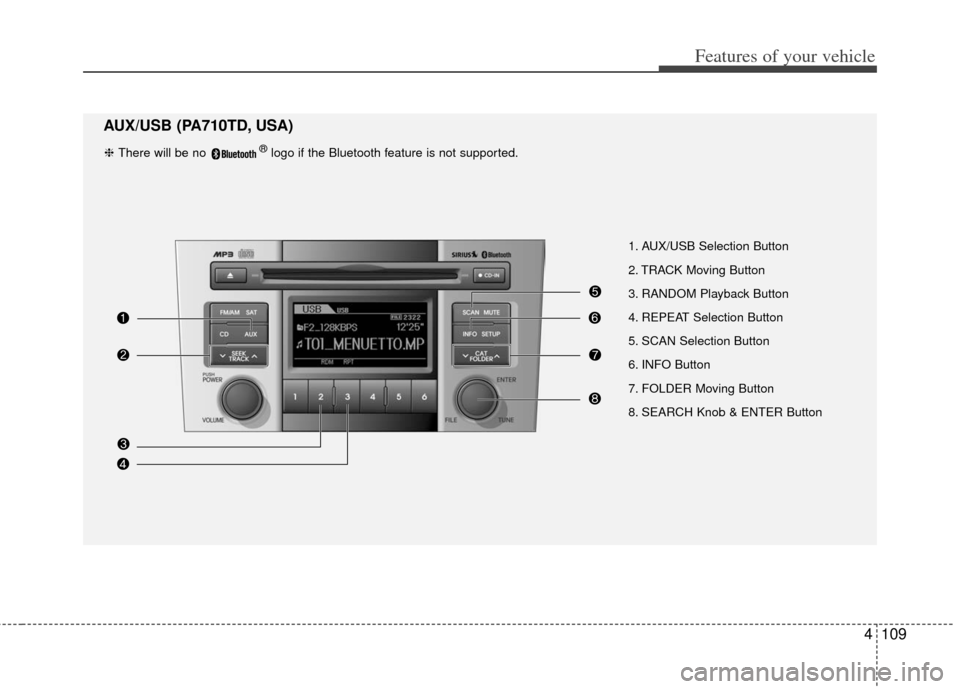 KIA Forte 2012 1.G Owners Manual 4109
Features of your vehicle
1. AUX/USB Selection Button
2. TRACK Moving Button
3. RANDOM Playback Button
4. REPEAT Selection Button
5. SCAN Selection Button
6. INFO Button
7. FOLDER Moving Button
8.