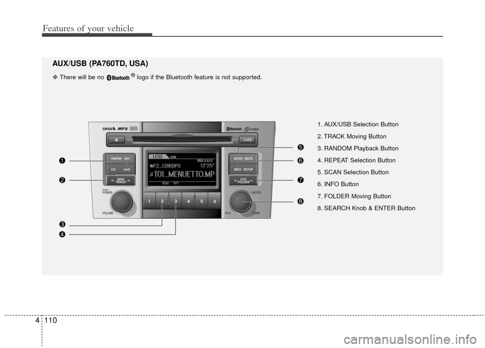 KIA Cerato 2012 1.G Owners Manual Features of your vehicle
110
4
1. AUX/USB Selection Button
2. TRACK Moving Button
3. RANDOM Playback Button
4. REPEAT Selection Button
5. SCAN Selection Button
6. INFO Button
7. FOLDER Moving Button
8