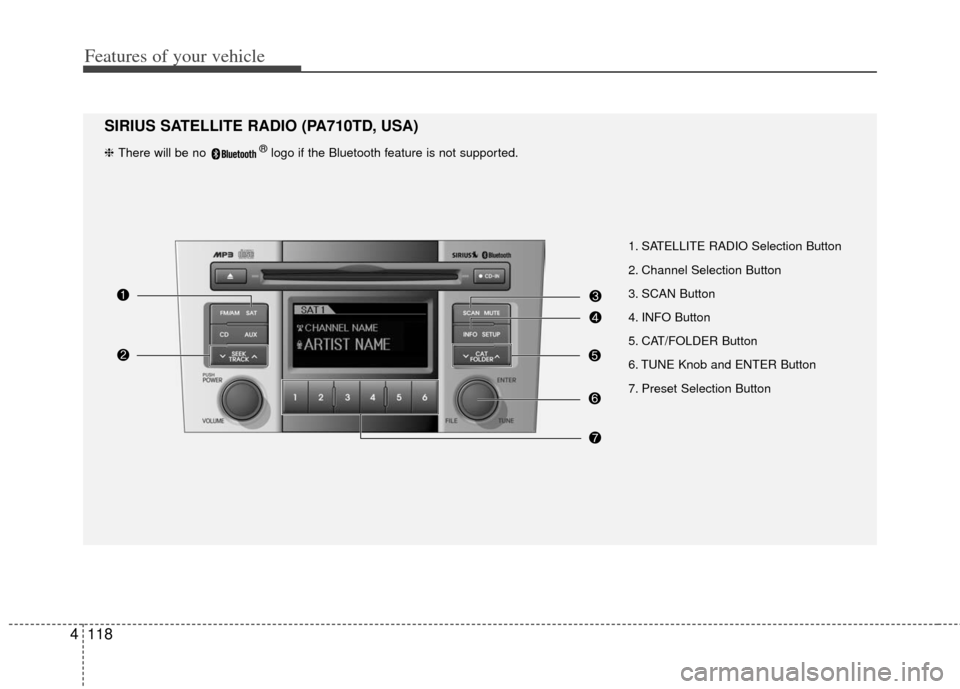 KIA Forte 2012 1.G User Guide Features of your vehicle
118
4
1. SATELLITE RADIO Selection Button
2. Channel Selection Button
3. SCAN Button
4. INFO Button
5. CAT/FOLDER Button
6. TUNE Knob and ENTER Button KIA Forte 2012 1.G User Guide Features of your vehicle
118
4
1. SATELLITE RADIO Selection Button
2. Channel Selection Button
3. SCAN Button
4. INFO Button
5. CAT/FOLDER Button
6. TUNE Knob and ENTER Button