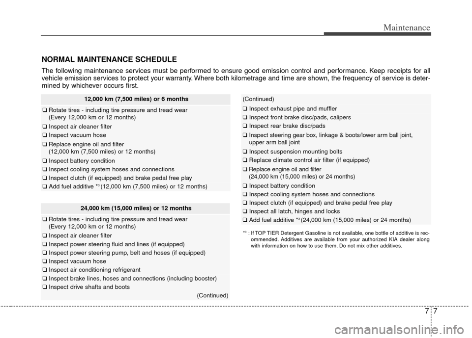 KIA Cerato 2012 1.G Owners Guide 77
Maintenance
NORMAL MAINTENANCE SCHEDULE
The following maintenance services must be performed to ensure good emission control and performance. Keep receipts for all
vehicle emission services to prot