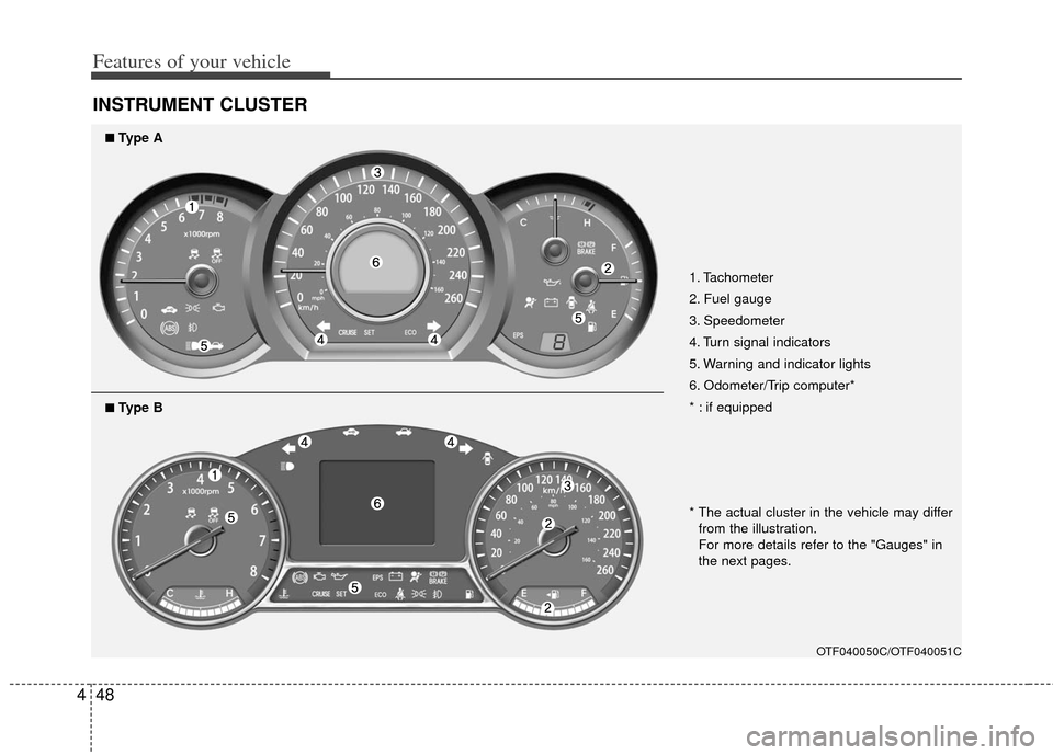 KIA Optima 2012 3.G Owners Manual Features of your vehicle
48
4
INSTRUMENT CLUSTER
1. Tachometer 
2. Fuel gauge
3. Speedometer
4. Turn signal indicators
5. Warning and indicator lights
6. Odometer/Trip computer*
* : if equipped
OTF040