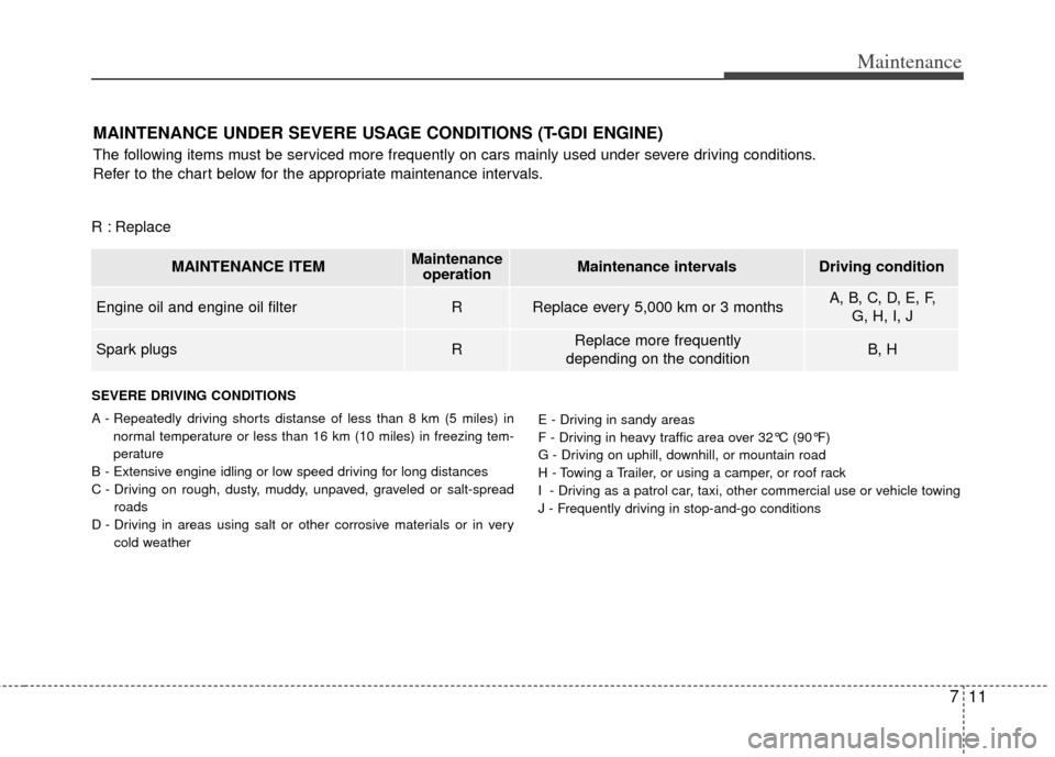 KIA Optima 2012 3.G Owners Manual 711
Maintenance
MAINTENANCE UNDER SEVERE USAGE CONDITIONS (T-GDI ENGINE)
The following items must be serviced more frequently on cars mainly used under severe driving conditions.
Refer to the chart b KIA Optima 2012 3.G Owners Manual 711
Maintenance
MAINTENANCE UNDER SEVERE USAGE CONDITIONS (T-GDI ENGINE)
The following items must be serviced more frequently on cars mainly used under severe driving conditions.
Refer to the chart b