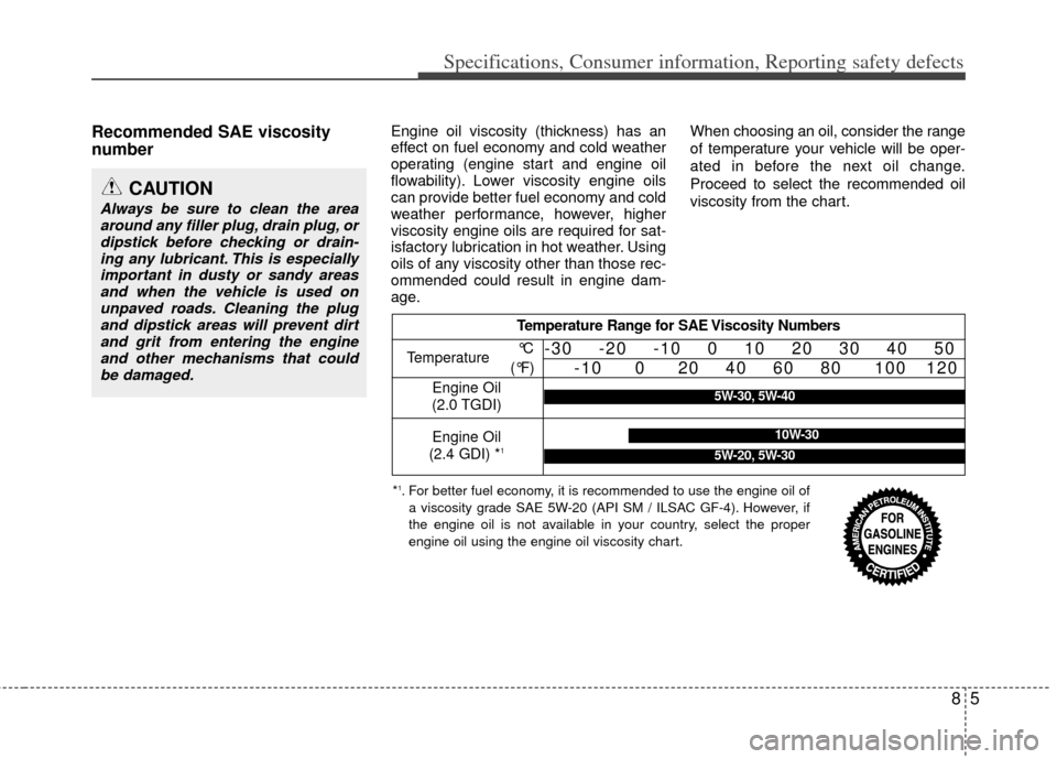 KIA Optima 2012 3.G Owners Manual 85
Specifications, Consumer information, Reporting safety defects
Recommended SAE viscosity
number   Engine oil viscosity (thickness) has an
effect on fuel economy and cold weather
operating (engine s