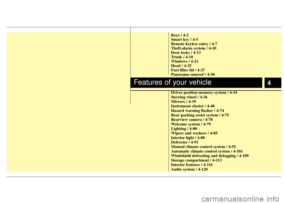 KIA Optima 2012 3.G Owners Manual 4
Keys / 4-2
Smart key / 4-5
Remote keyless entry / 4-7
Theft-alarm system / 4-10
Door locks / 4-13
Trunk / 4-18
Windows / 4-21
Hood / 4-25
Fuel filler lid / 4-27
Panorama sunroof / 4-30
Driver positi