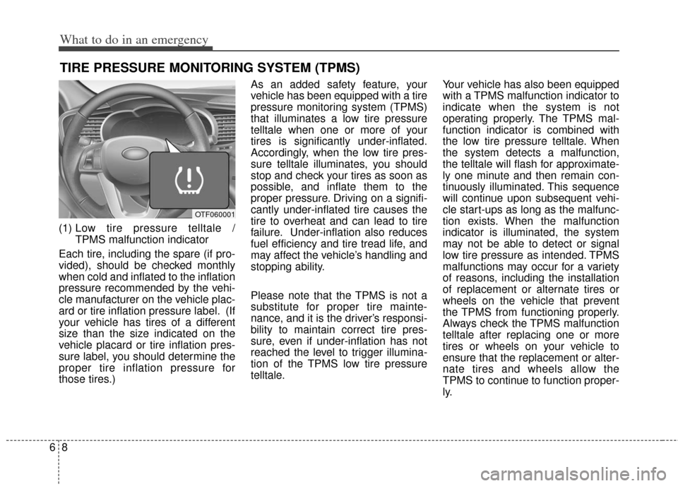 KIA Optima Hybrid 2012 3.G Owners Manual What to do in an emergency
86
TIRE PRESSURE MONITORING SYSTEM (TPMS)
(1) Low tire pressure telltale / 
TPMS malfunction indicator
Each tire, including the spare (if pro-
vided), should be checked mont