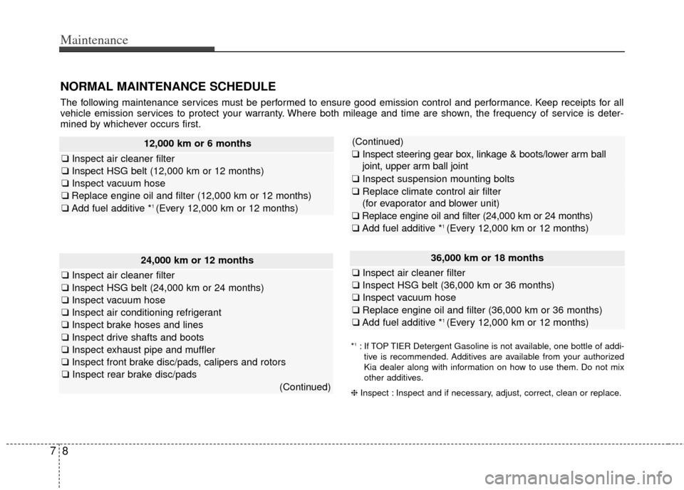 KIA Optima Hybrid 2012 3.G Owners Manual Maintenance
87
NORMAL MAINTENANCE SCHEDULE
The following maintenance services must be performed to ensure good emission control and performance. Keep receipts for all
vehicle emission services to prot KIA Optima Hybrid 2012 3.G Owners Manual Maintenance
87
NORMAL MAINTENANCE SCHEDULE
The following maintenance services must be performed to ensure good emission control and performance. Keep receipts for all
vehicle emission services to prot