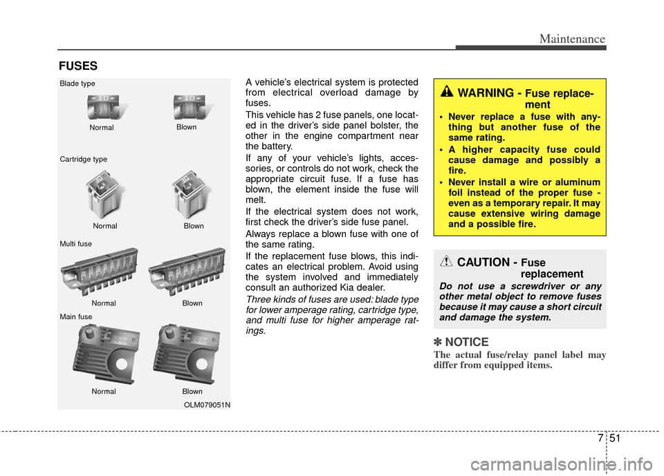 KIA Optima Hybrid 2012 3.G Owners Manual 751
Maintenance
FUSES
A vehicle’s electrical system is protected
from electrical overload damage by
fuses.
This vehicle has 2 fuse panels, one locat-
ed in the driver’s side panel bolster, the
oth