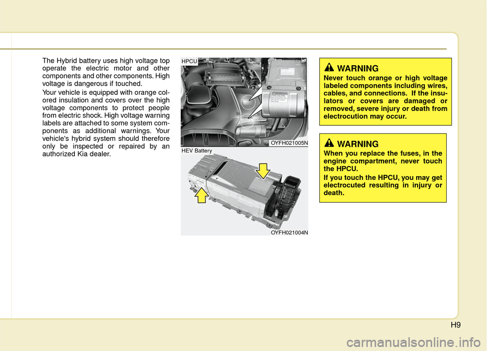 KIA Optima Hybrid 2012 3.G Owners Manual H9
The Hybrid battery uses high voltage top
operate the electric motor and other
components and other components. High
voltage is dangerous if touched.
Your vehicle is equipped with orange col-
ored i
