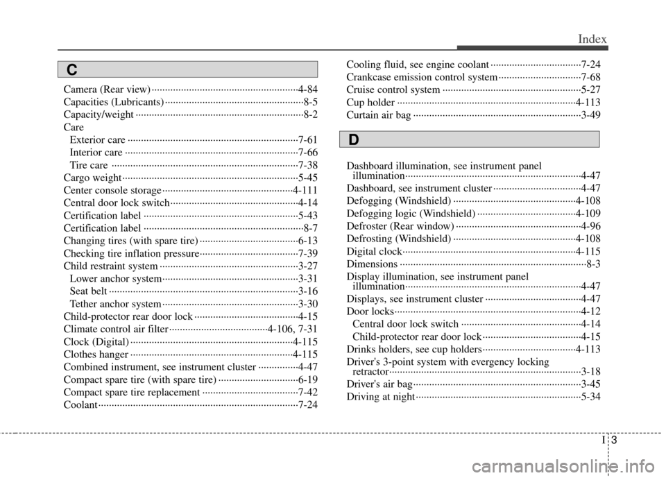 KIA Optima Hybrid 2012 3.G Owners Manual I3
Index
Camera (Rear view) ··················\
··················\
··················\
·4-84
Capacities (Lubricants) ············· KIA Optima Hybrid 2012 3.G Owners Manual I3
Index
Camera (Rear view) ··················\
··················\
··················\
·4-84
Capacities (Lubricants) ·············Â