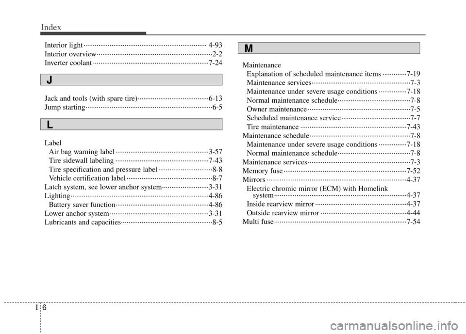 KIA Optima Hybrid 2012 3.G Owners Manual Index
6I
Interior light ··················\
··················\
··················\
············ 4-93
Interior overview·······�