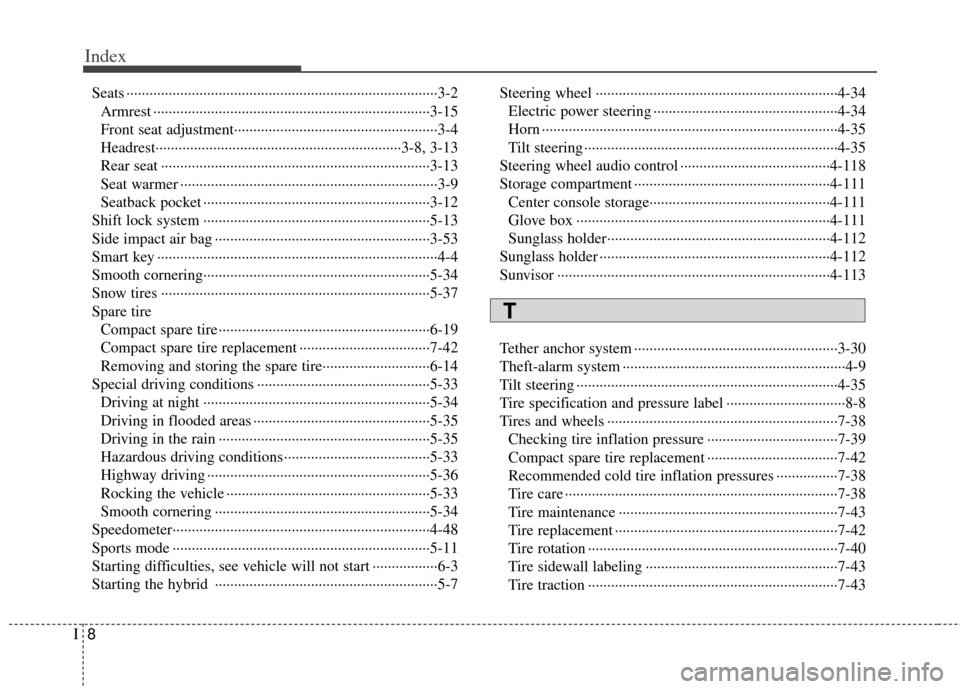 KIA Optima Hybrid 2012 3.G Owners Manual Index
8I
Seats ··················\
··················\
··················\
··················\
·········3-2Armrest ··