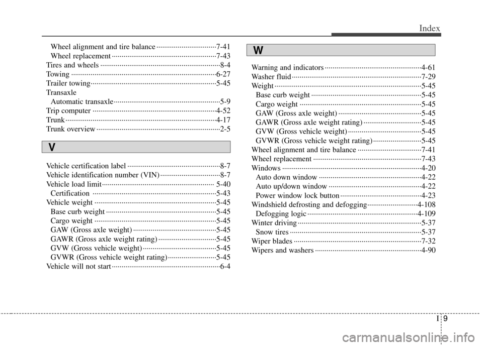 KIA Optima Hybrid 2012 3.G Owners Manual I9
Index
Wheel alignment and tire balance ··················\
·············7-41
Wheel replacement ··················\
················�