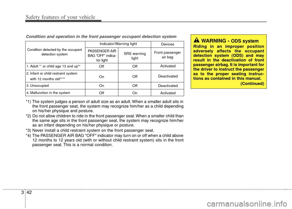 KIA Optima Hybrid 2012 3.G Owners Manual Safety features of your vehicle
42
3
WARNING - ODS system
Riding in an improper position
adversely affects the occupant
detection system (ODS) and may
result in the deactivation of front
passenger air