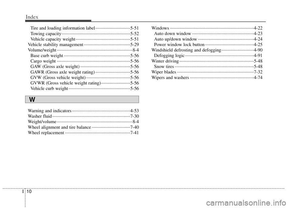 KIA Rio 2012 3.G Owners Manual Index
10I
Tire and loading information label ··················\
············5-51
Towing capacity··················\
·················�