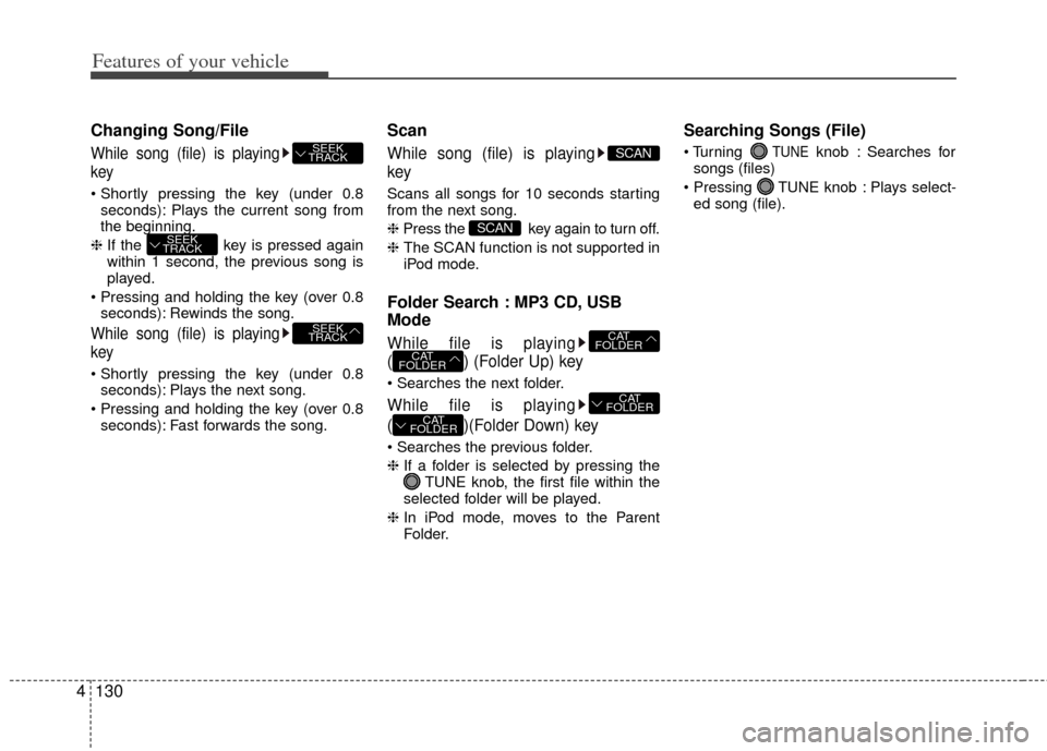 KIA Rio 2012 3.G Owners Manual Features of your vehicle
130
4
Changing Song/File
While song (file) is playing
key

seconds): Plays the current song from
the beginning.
❈  If the  key is pressed again
within 1 second, the previous