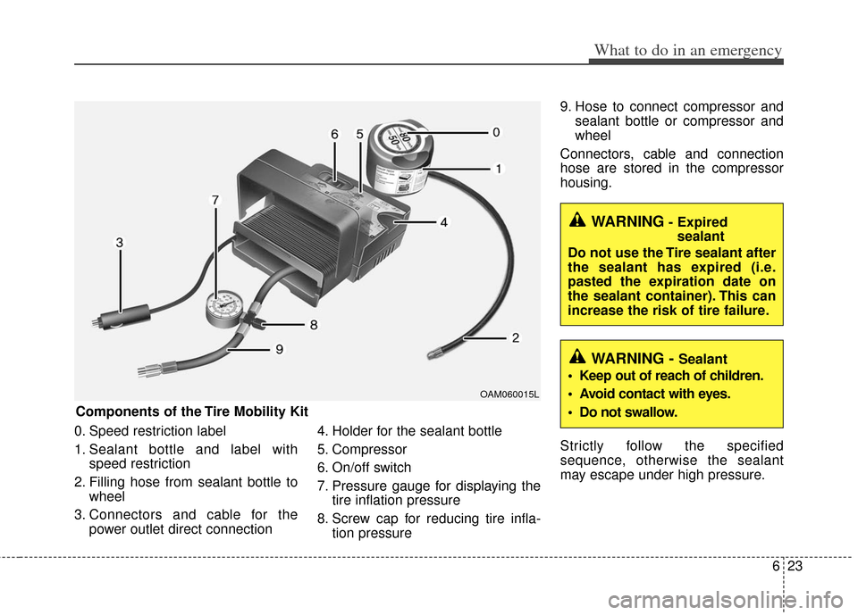 KIA Rio 2012 3.G User Guide 623
What to do in an emergency
0. Speed restriction label
1. Sealant bottle and label withspeed restriction
2. Filling hose from sealant bottle to wheel
3. Connectors and cable for the power outlet di