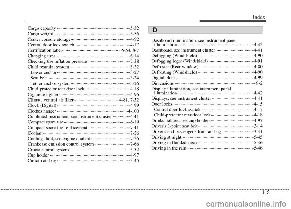 KIA Rio 2012 3.G Owners Manual I3
Index
Cargo capacity ··················\
··················\
··················\
·········5-52
Cargo weight ·············