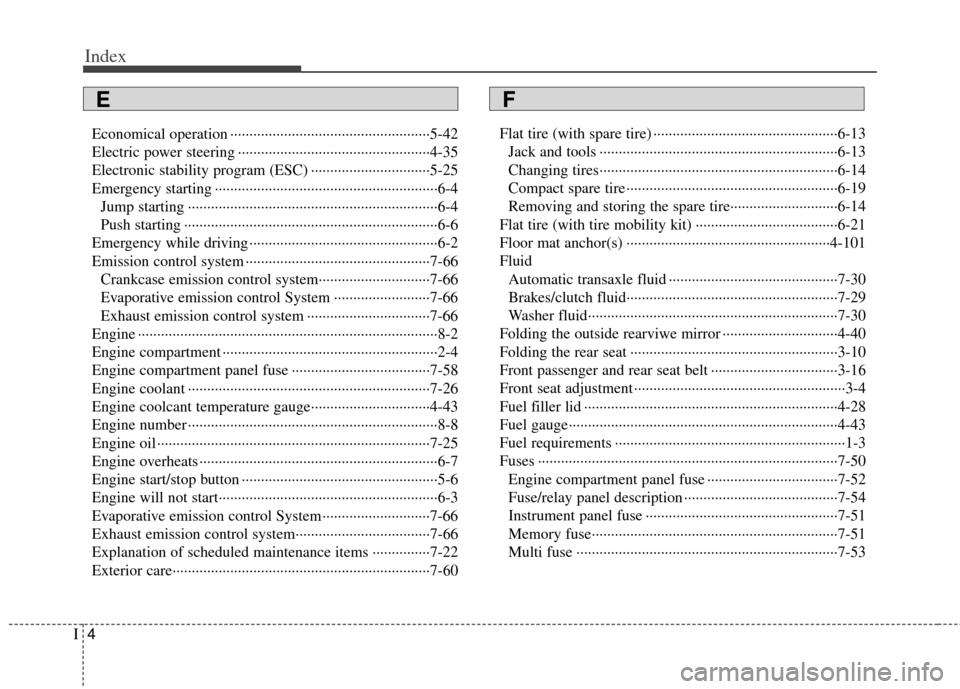 KIA Rio 2012 3.G Owners Manual Index
4I
Economical operation ··················\
··················\
················5-42
Electric power steering ················