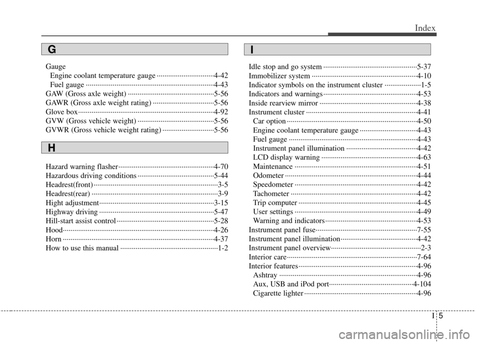 KIA Rio 2012 3.G Owners Manual I5
Index
GaugeEngine coolant temperature gauge ··················\
············4-42
Fuel gauge ··················\
··················\