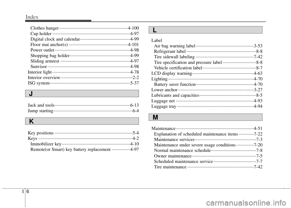 KIA Rio 2012 3.G Owners Manual Index
6I
Clothes hanger ··················\
··················\
··················\
·····4-100
Cup holder ·················