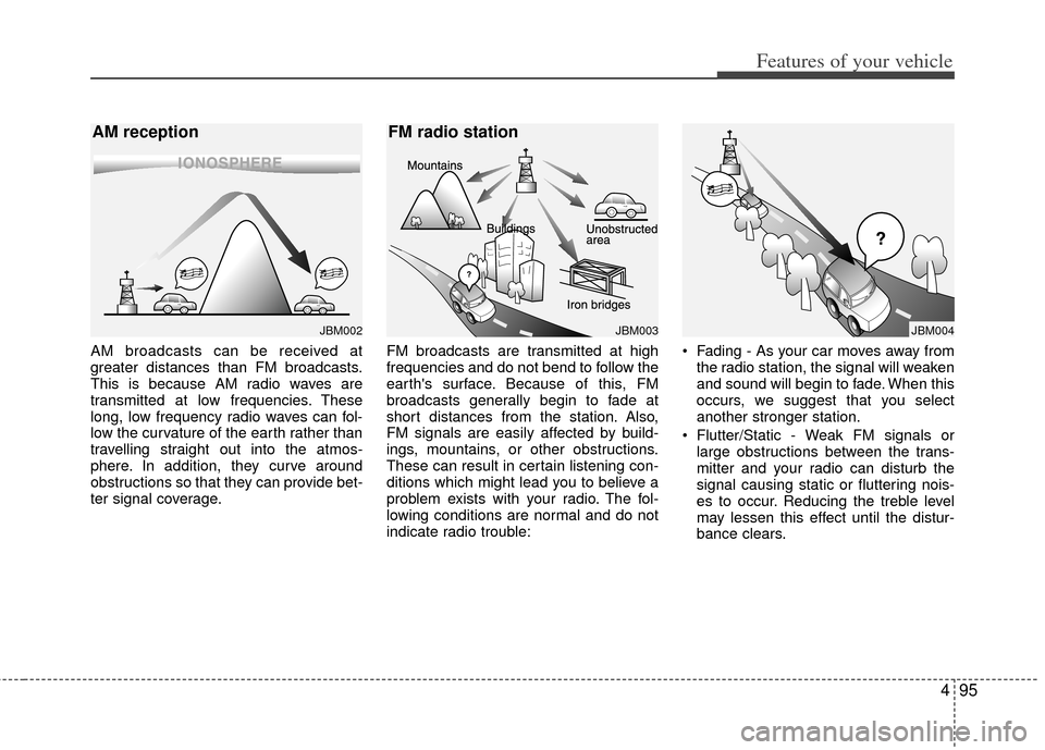 KIA Carens 2012 2.G Owners Manual 495
Features of your vehicle
AM broadcasts can be received at
greater distances than FM broadcasts.
This is because AM radio waves are
transmitted at low frequencies. These
long, low frequency radio w