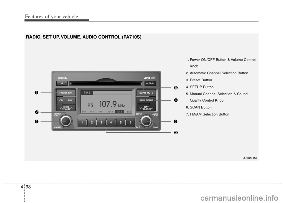 KIA Carens 2012 2.G Owners Manual Features of your vehicle
98
4
A-200UNL
1. Power ON/OFF Button & Volume Control
Knob
2. Automatic Channel Selection Button
3. Preset Button
4. SETUP Button
5. Manual Channel Selection & Sound Quality C