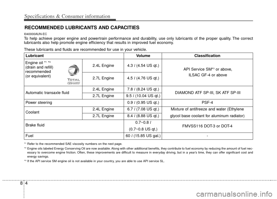 KIA Carens 2012 2.G Owners Manual Specifications & Consumer information
48
RECOMMENDED LUBRICANTS AND CAPACITIES  
I040000AUN-EC
To help achieve proper engine and powertrain performance and durability, use only lubricants of the prope