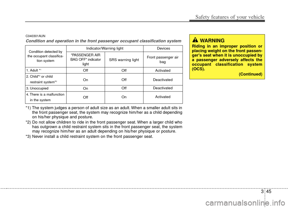 KIA Carens 2012 2.G Repair Manual 345
Safety features of your vehicle
C040301AUN
Condition and operation in the front passenger occupant classification system
*1) The system judges a person of adult size as an adult. When a smaller ad