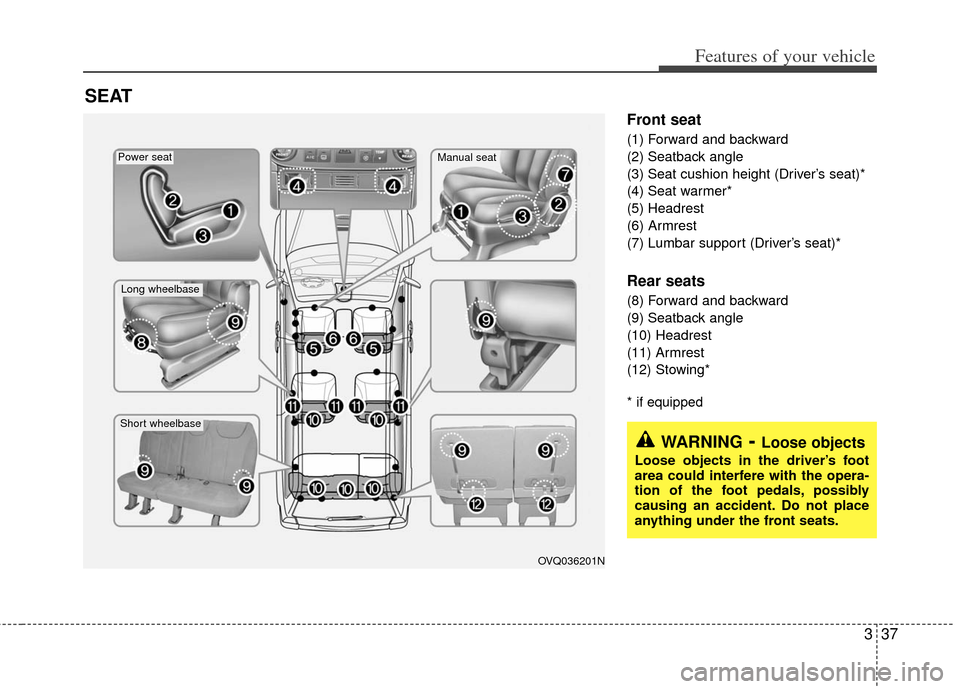 KIA Sedona 2012 2.G Owners Manual 337
Features of your vehicle
Front seat
(1) Forward and backward
(2) Seatback angle
(3) Seat cushion height (Driver’s seat)*
(4) Seat warmer*
(5) Headrest
(6) Armrest
(7) Lumbar support (Driver’s 