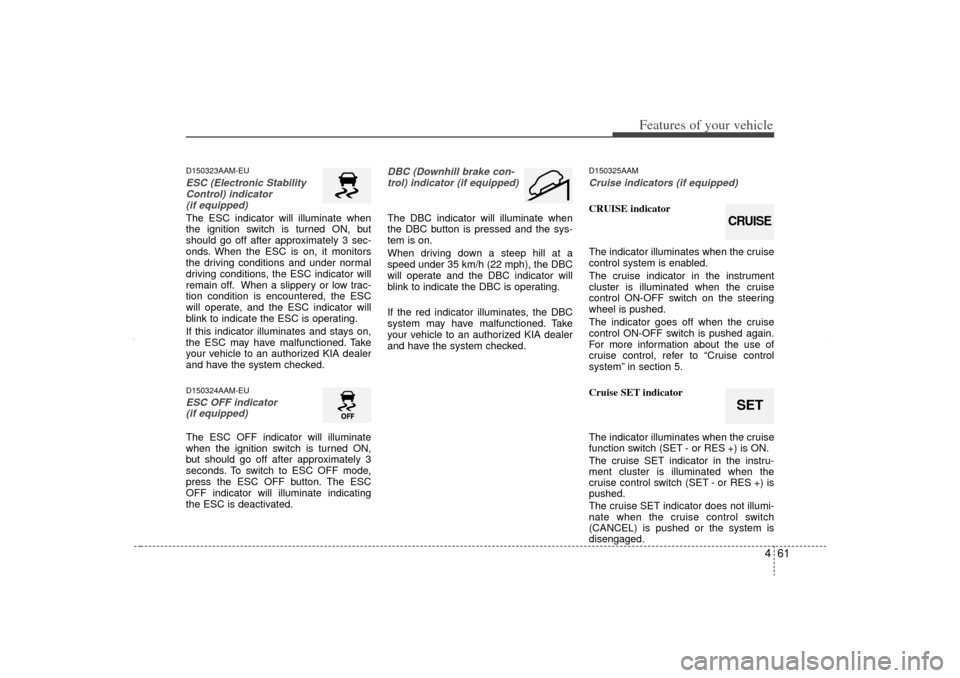 KIA Sorento 2012 2.G Owners Manual 461
Features of your vehicle
D150323AAM-EUESC (Electronic StabilityControl) indicator  (if equipped)The ESC indicator will illuminate when
the ignition switch is turned ON, but
should go off after app