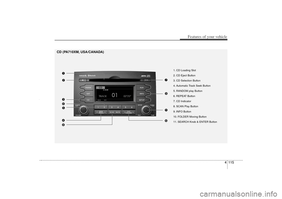 KIA Sorento 2012 2.G Owners Manual 4 115
Features of your vehicle
1. CD Loading Slot
2. CD Eject Button
3. CD Selection Button
4. Automatic Track Seek Button
5. RANDOM play Button
6. REPEAT Button
7. CD Indicator
8. SCAN Play Button
9 KIA Sorento 2012 2.G Owners Manual 4 115
Features of your vehicle
1. CD Loading Slot
2. CD Eject Button
3. CD Selection Button
4. Automatic Track Seek Button
5. RANDOM play Button
6. REPEAT Button
7. CD Indicator
8. SCAN Play Button
9