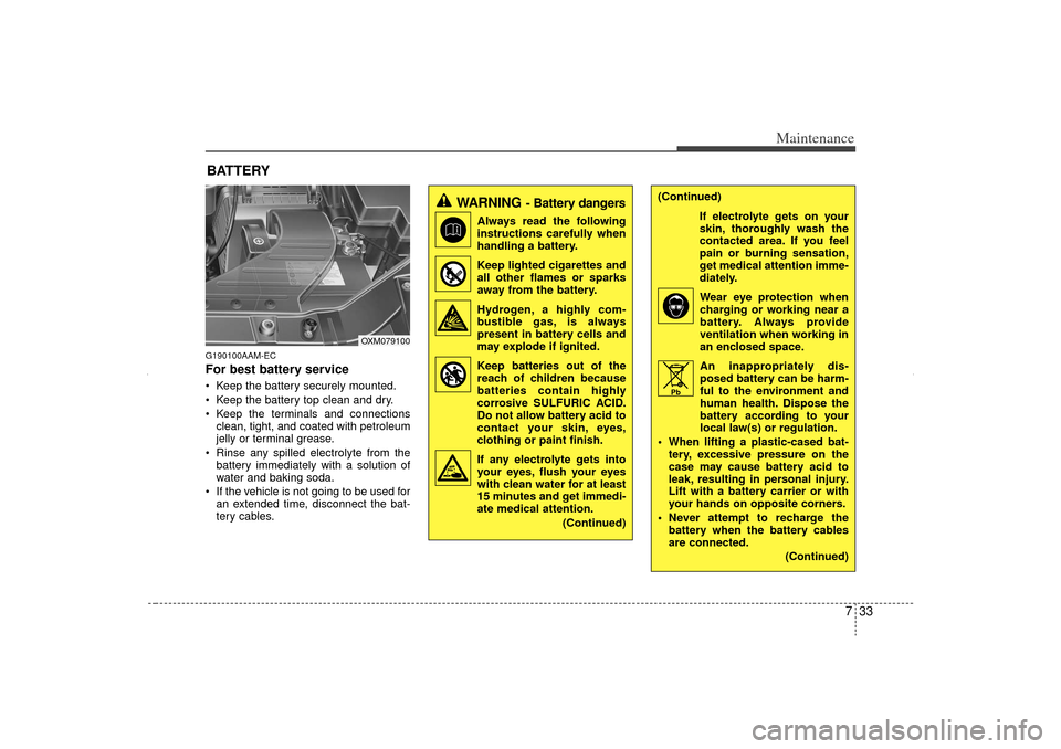 KIA Sorento 2012 2.G Owners Guide 733
Maintenance
BATTERYG190100AAM-ECFor best battery service Keep the battery securely mounted.
 Keep the battery top clean and dry.
 Keep the terminals and connectionsclean, tight, and coated with