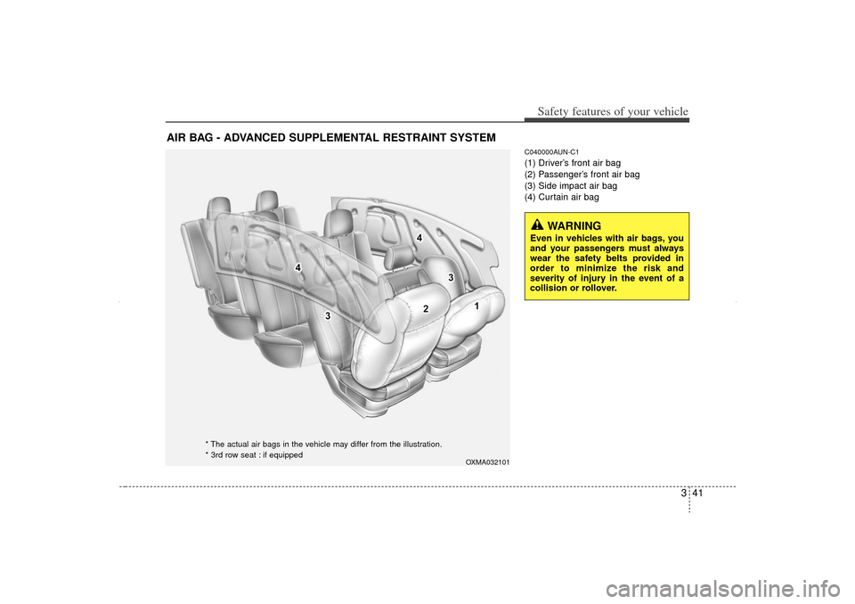 KIA Sorento 2012 2.G Repair Manual 341
Safety features of your vehicle
C040000AUN-C1(1) Driver’s front air bag
(2) Passenger’s front air bag
(3) Side impact air bag
(4) Curtain air bag
AIR BAG - ADVANCED SUPPLEMENTAL RESTRAINT SYST KIA Sorento 2012 2.G Repair Manual 341
Safety features of your vehicle
C040000AUN-C1(1) Driver’s front air bag
(2) Passenger’s front air bag
(3) Side impact air bag
(4) Curtain air bag
AIR BAG - ADVANCED SUPPLEMENTAL RESTRAINT SYST