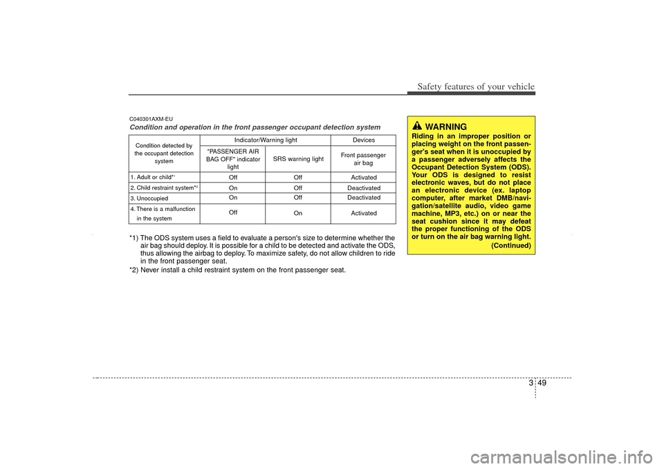 KIA Sorento 2012 2.G Manual PDF 349
Safety features of your vehicle
C040301AXM-EUCondition and operation in the front passenger occupant detection system*1) The ODS system uses a field to evaluate a persons size to determine whethe