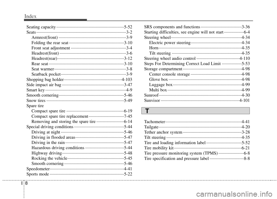 KIA Soul 2012 1.G Owners Manual Index
8I
Seating capacity ··················\
··················\
··················\
·······5-52
Seats ·················�