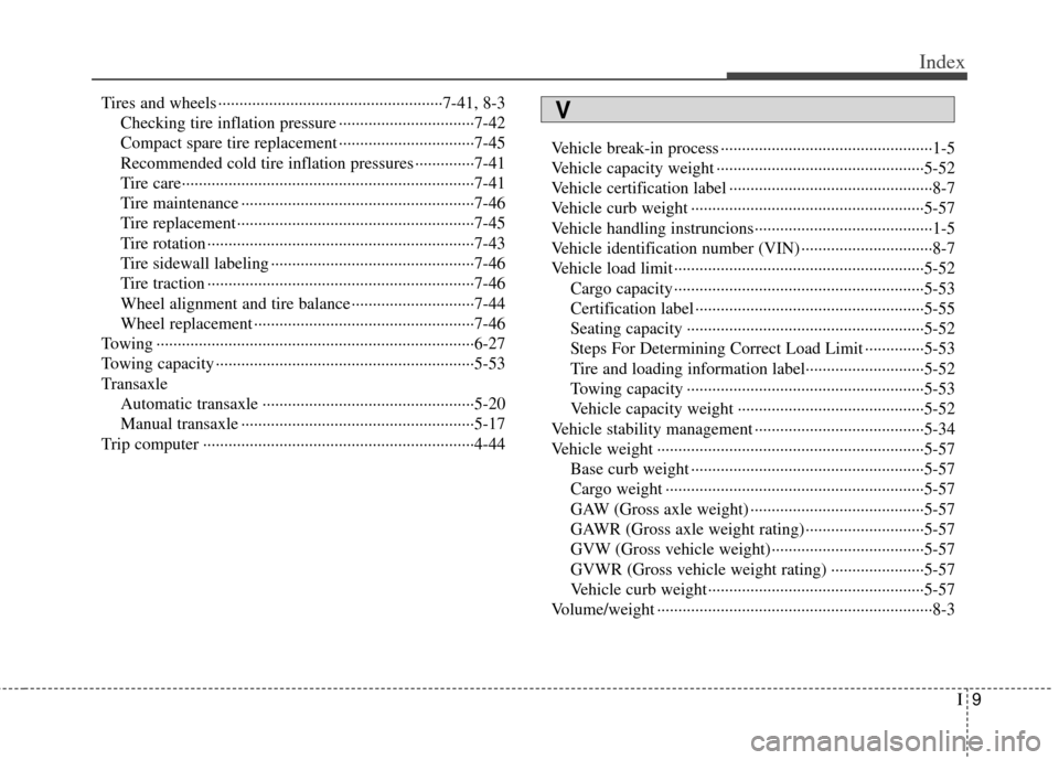 KIA Soul 2012 1.G Owners Manual I9
Index
Tires and wheels ··················\
··················\
·················7-41\
, 8-3Checking tire inflation pressure ··········