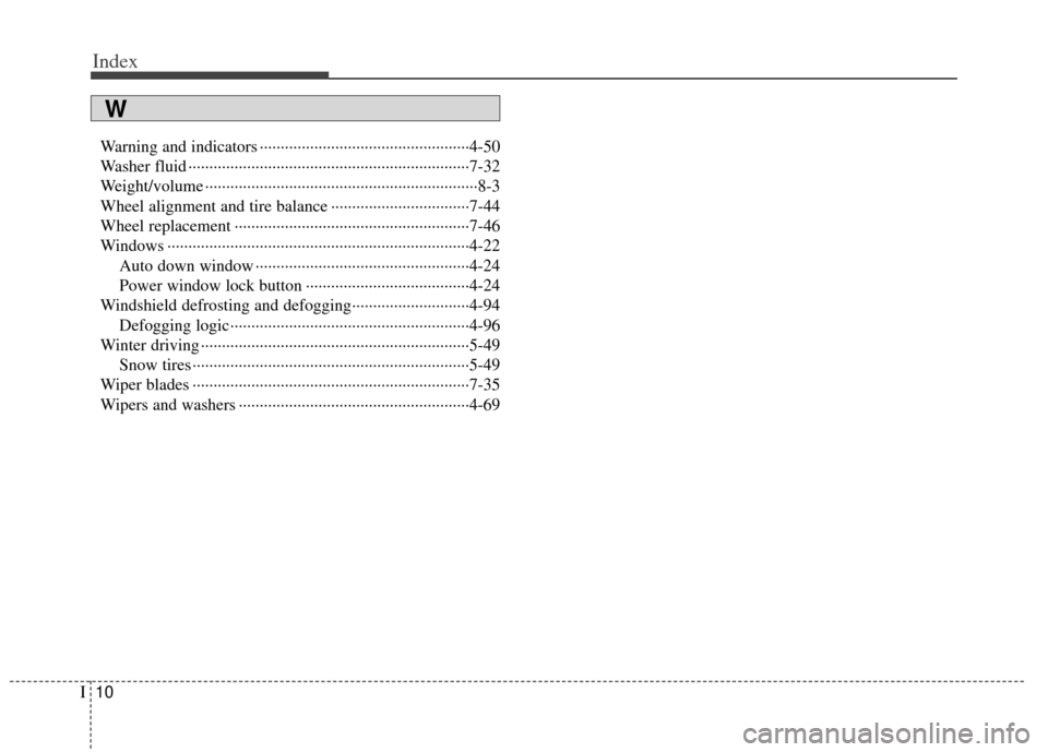 KIA Soul 2012 1.G Owners Manual Index
10I
Warning and indicators ··················\
··················\
··············4-50
Washer fluid ··················\
···�