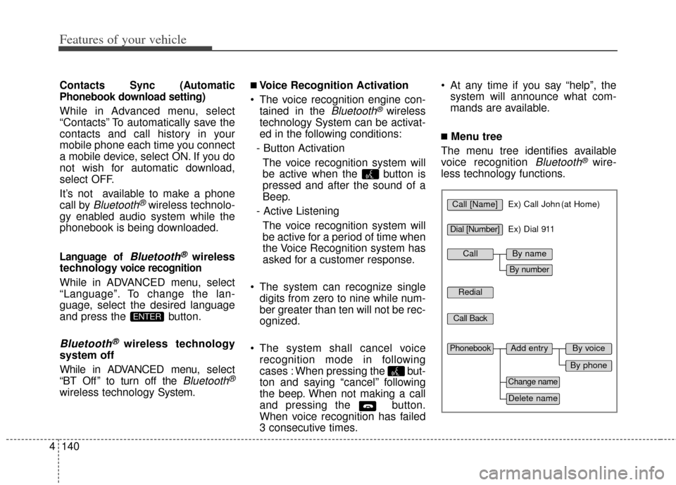 KIA Soul 2012 1.G Owners Manual Features of your vehicle
140
4
Contacts Sync (Automatic
Phonebook download setting)
While in Advanced menu, select
“Contacts” To automatically save the
contacts and call history in your
mobile pho