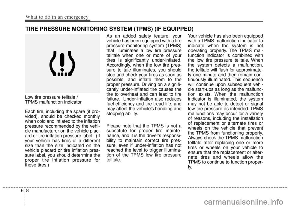 KIA Soul 2012 1.G Owners Manual What to do in an emergency
86
TIRE PRESSURE MONITORING SYSTEM (TPMS) (IF EQUIPPED)
Low tire pressure telltale / 
TPMS malfunction indicator
Each tire, including the spare (if pro-
vided), should be ch