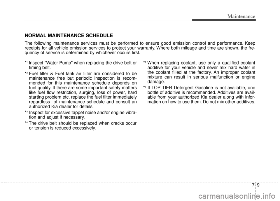 KIA Soul 2012 1.G Owners Manual 79
Maintenance
NORMAL MAINTENANCE SCHEDULE
The following maintenance services must be performed to ensure good emission control and performance. Keep
receipts for all vehicle emission services to prot