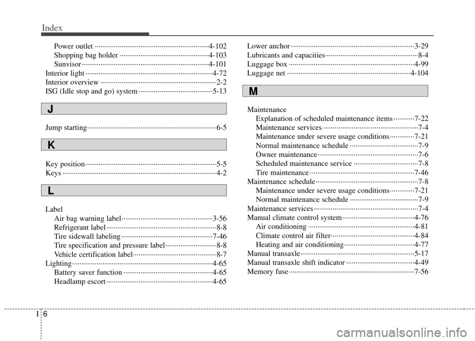 KIA Soul 2012 1.G Owners Manual Index
6I
Power outlet ··················\
··················\
··················\
······4-102
Shopping bag holder ·············