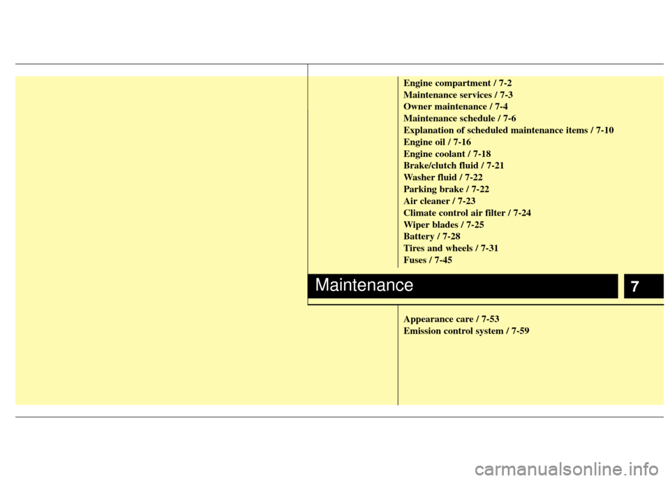 KIA Sportage 2012 SL / 3.G User Guide 7
Engine compartment / 7-2
Maintenance services / 7-3
Owner maintenance / 7-4
Maintenance schedule / 7-6
Explanation of scheduled maintenance items / 7-10
Engine oil / 7-16
Engine coolant / 7-18
Brake